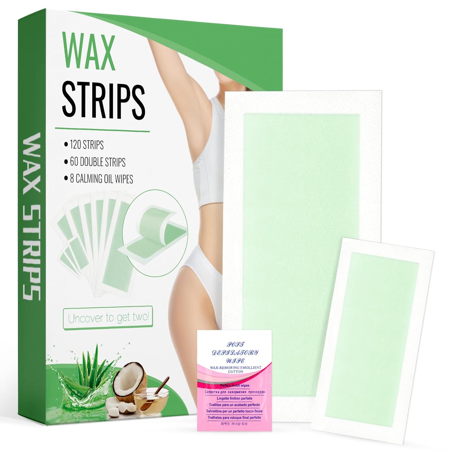 120 Strips Wax Strips Body Hair Removal 2 Sizes and 8 Oil Wipes Waxing Strip Dual Sides Bikini Brazilian Wax for Women Men Face Arms Legs BackUnderarm Waxing Kit Suit Many Skin Aloe Scent