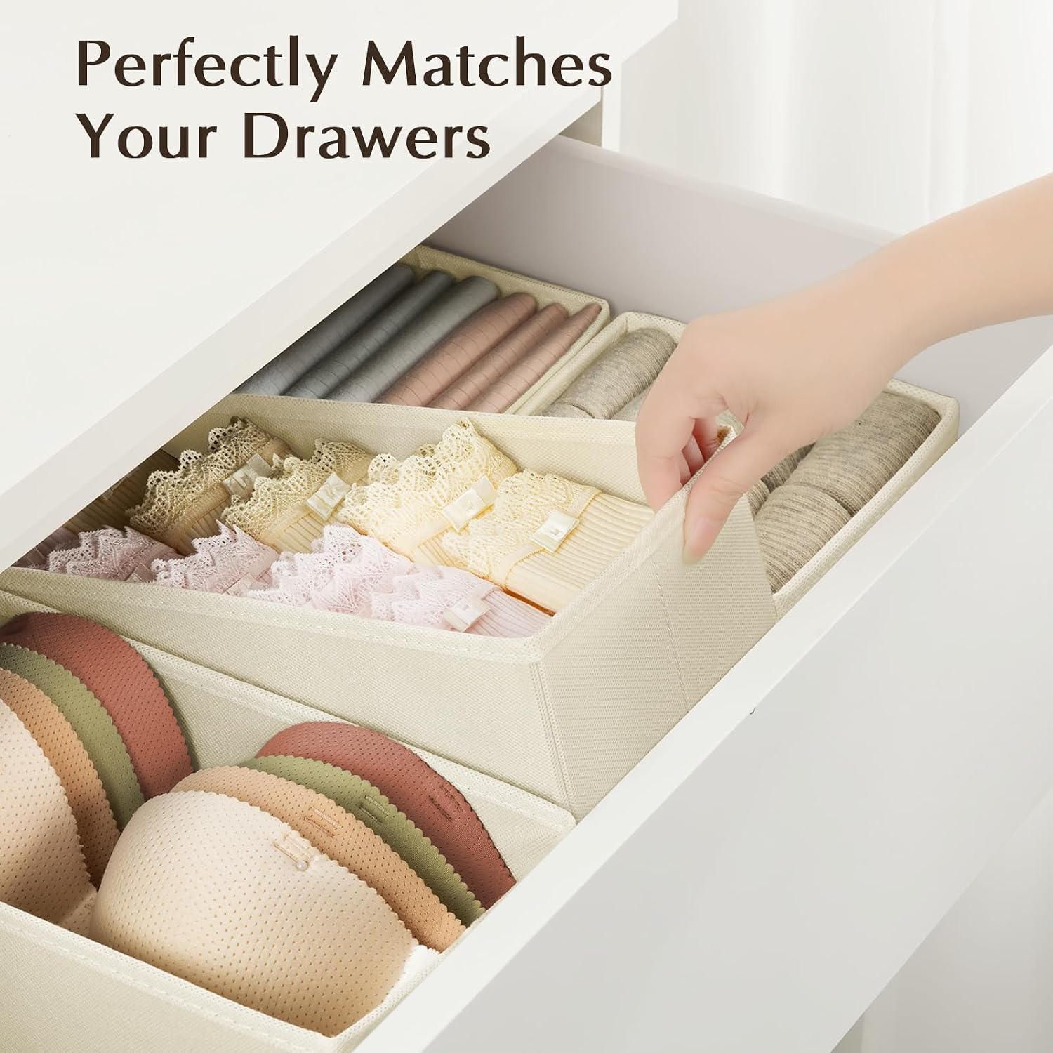 Dimj Drawer Organizers Clothes, Dresser Organizer Bins For Baby Clothes,Underwear And Sock, Fabric Closet Organization And Storage Boxs, Drawer Dividers For Nursery, Clothing, Tie - 4 Pack, Beige