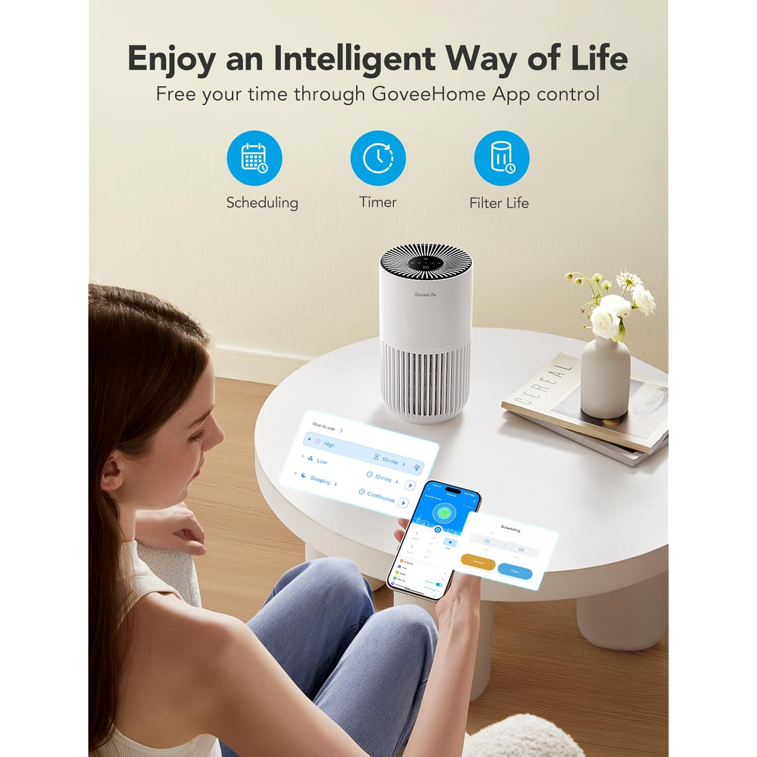 Goveelife Smart Mini Air Purifier For Bedroom, With App & Alexa Control | Hepa Filter, Portable Air Cleaner With 3 Speeds, 2 Modes, Aroma For Pet Hair, Odors, Pollen, Home, White