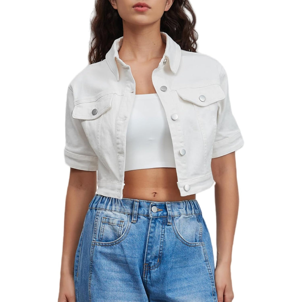 Women Cropped Denim Jacket Short Sleeves Button Down Jean Jackets Trucker Coats