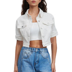 Women Cropped Denim Jacket Short Sleeves Button Down Jean Jackets Trucker Coats