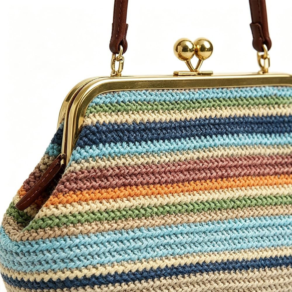 Kiss Lock Purses And Handbags Straw Purse Large Kisslock Bag Kiss-Lock Woven Bag Kiss Clasp Shoulder Handbag Summer Vacation