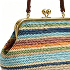 Kiss Lock Purses And Handbags Straw Purse Large Kisslock Bag Kiss-Lock Woven Bag Kiss Clasp Shoulder Handbag Summer Vacation