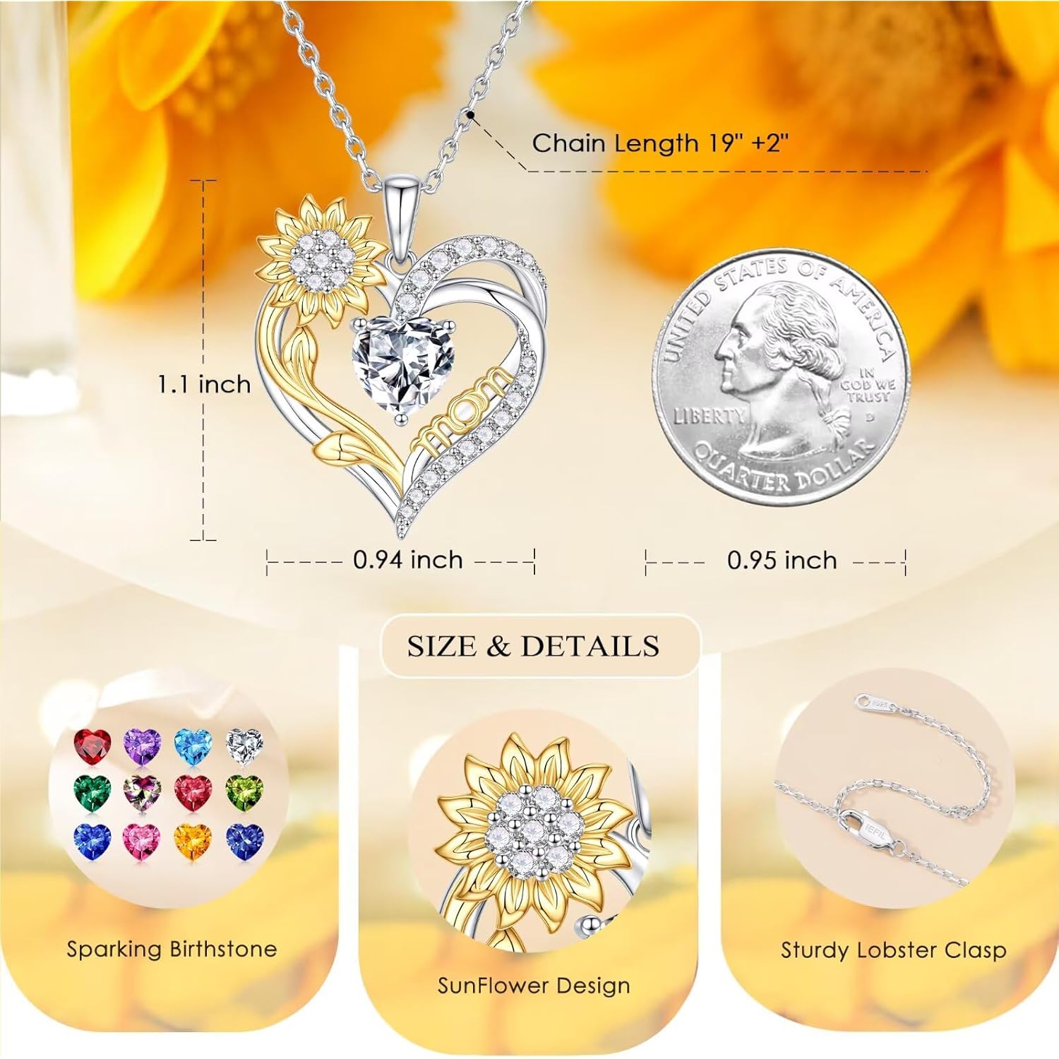 Iefil Mothers Day Gifts for Mom - 925 Sterling Silver Sunflower Necklaces for Women, Birthstone Jewelry Gifts for Mom/Mother in Law