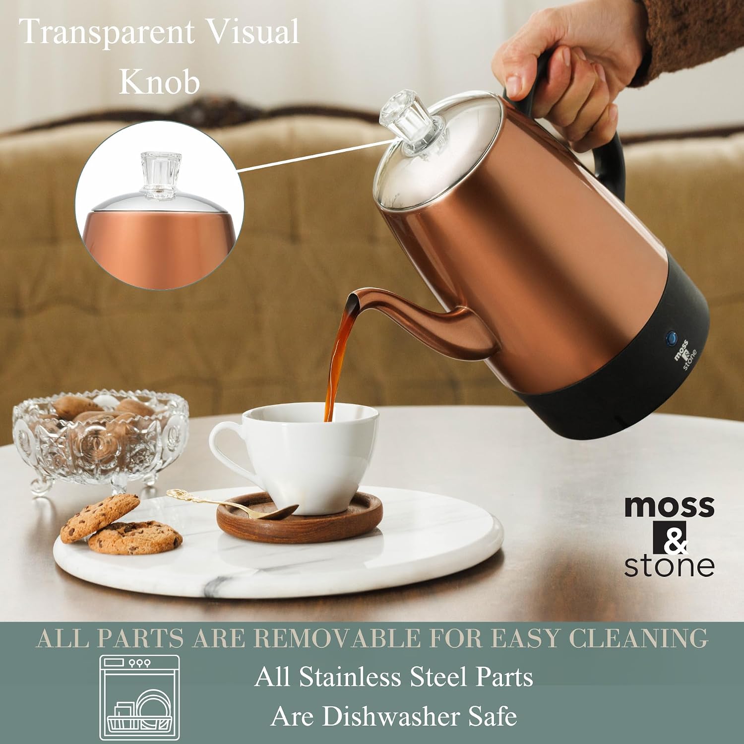 Moss & Stone 10 Cup Copper Percolator Coffee Pot Electric, Stainless Steel Coffee Percolator Electric With Keep Warm Function, Classic Perculator Pot With Removable Basket For Home Or Office