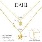 Shell Necklace for Women,14k Gold Plated Layered Starfish Conch SeaShell Pearl Pendant Charm Necklace,Non Tarnish Adjustable Stainless Steel Chain Stack Jewelry for Summer Beach Vacation