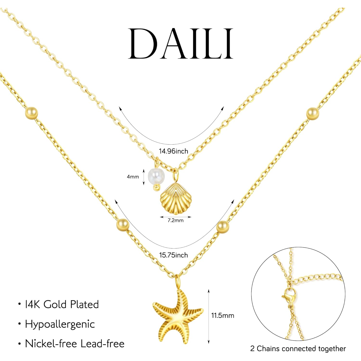 Shell Necklace for Women,14k Gold Plated Layered Starfish Conch SeaShell Pearl Pendant Charm Necklace,Non Tarnish Adjustable Stainless Steel Chain Stack Jewelry for Summer Beach Vacation