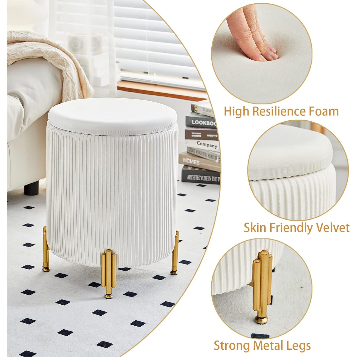 Round Ottoman Foot Stool With Storage And Metal Legs For Living Room Bedroom, Velvet Upholstered Footrest Stool Support 300Lbs Modern Padded Seat Ottoman Coffee Table (Cream)