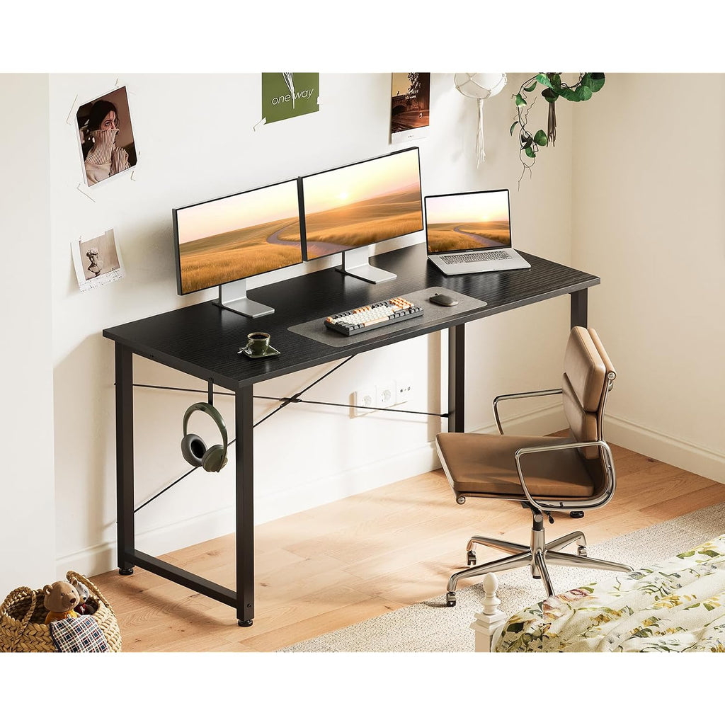 Casaottima 48 Inch Small Computer Desk For Home Office, Study Writing Table For Small Spaces, Simple Modern Desk With Headphone Hooks, Pure Black