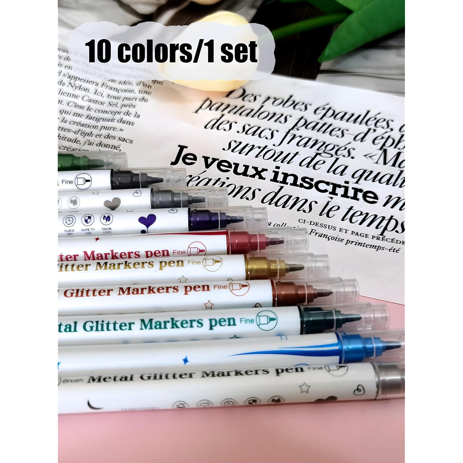10 Colors Double Ended Metallic Nail Art Marker Pens, 3D Metallic Nail Graffiti Dotting Drawing Point Pen Sets Nail Art Painted Pen Nail Design Kit for Nail Design Nail DIY Decoration