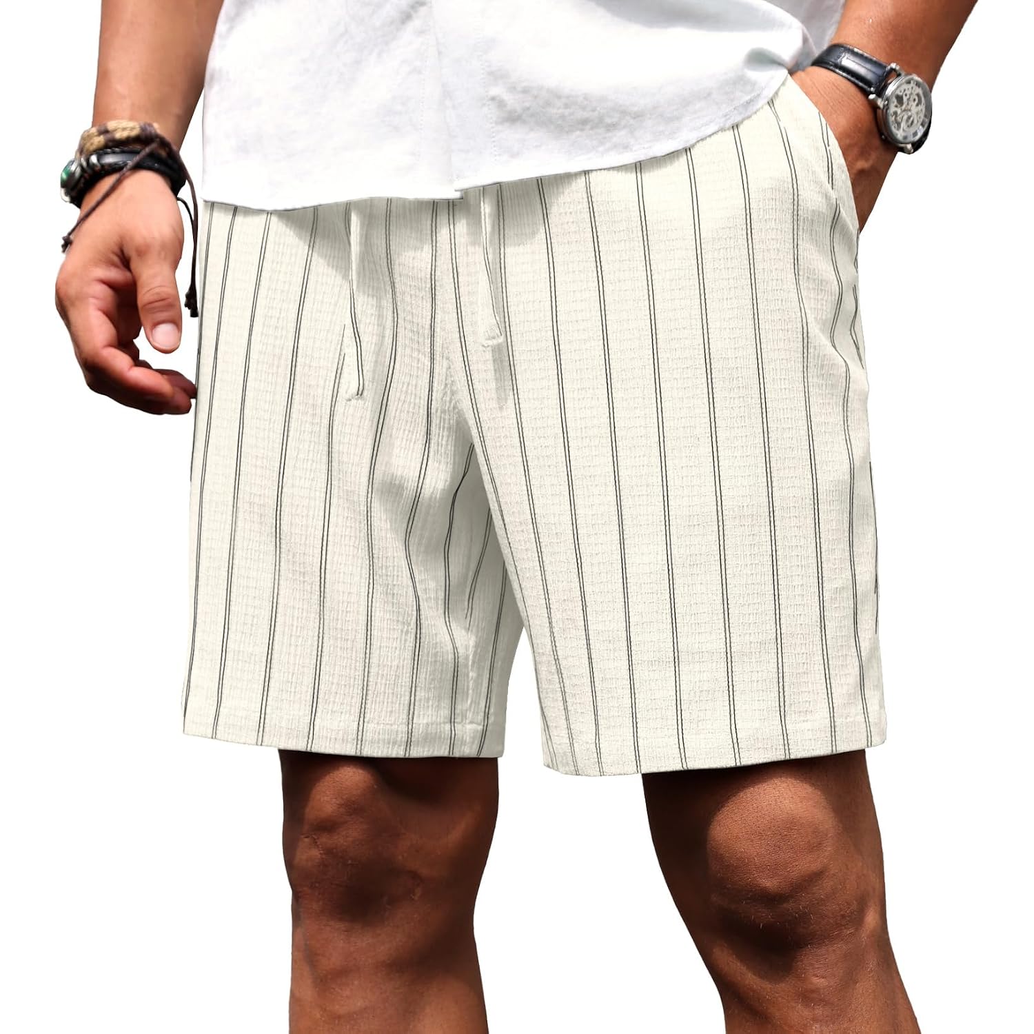 Sailwind Mens Striped Casual 7" Shorts Summer Beach Elastic Waist Drawstring Shorts With Pockets
