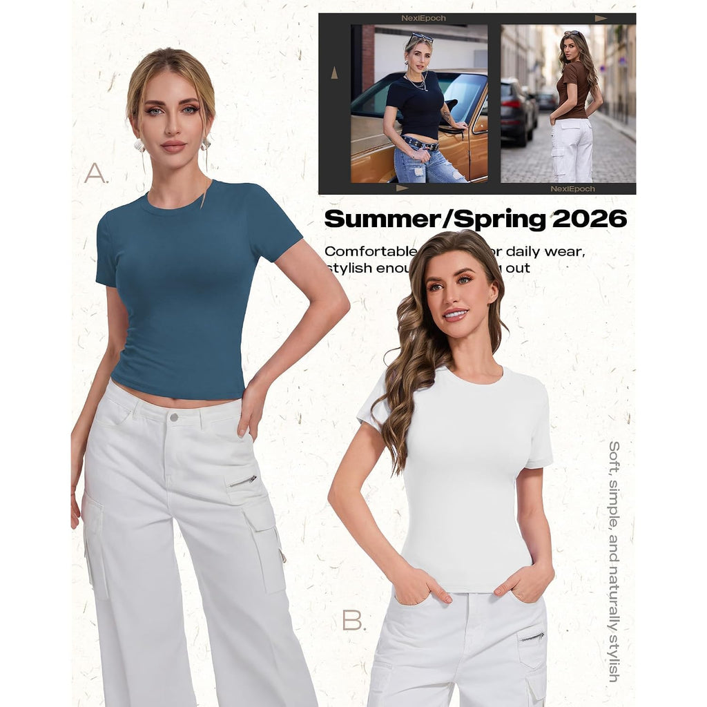 NexiEpoch 5 Pack T Shirts for Women - Crew Neck Short Sleeve Crop Tops Plain Casual Basic Tees Fitted Clothes Cute Y2K Outfit