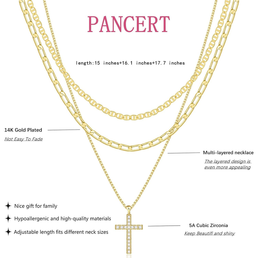 Cross Necklace for Women,Stackable Stacked Stacking Layering Layered Necklaces Dainty Gold Necklace Paperclip Box Flat Mariner Chain Necklace Cross Pendant CZ Diamond Simple Jewelry Gift