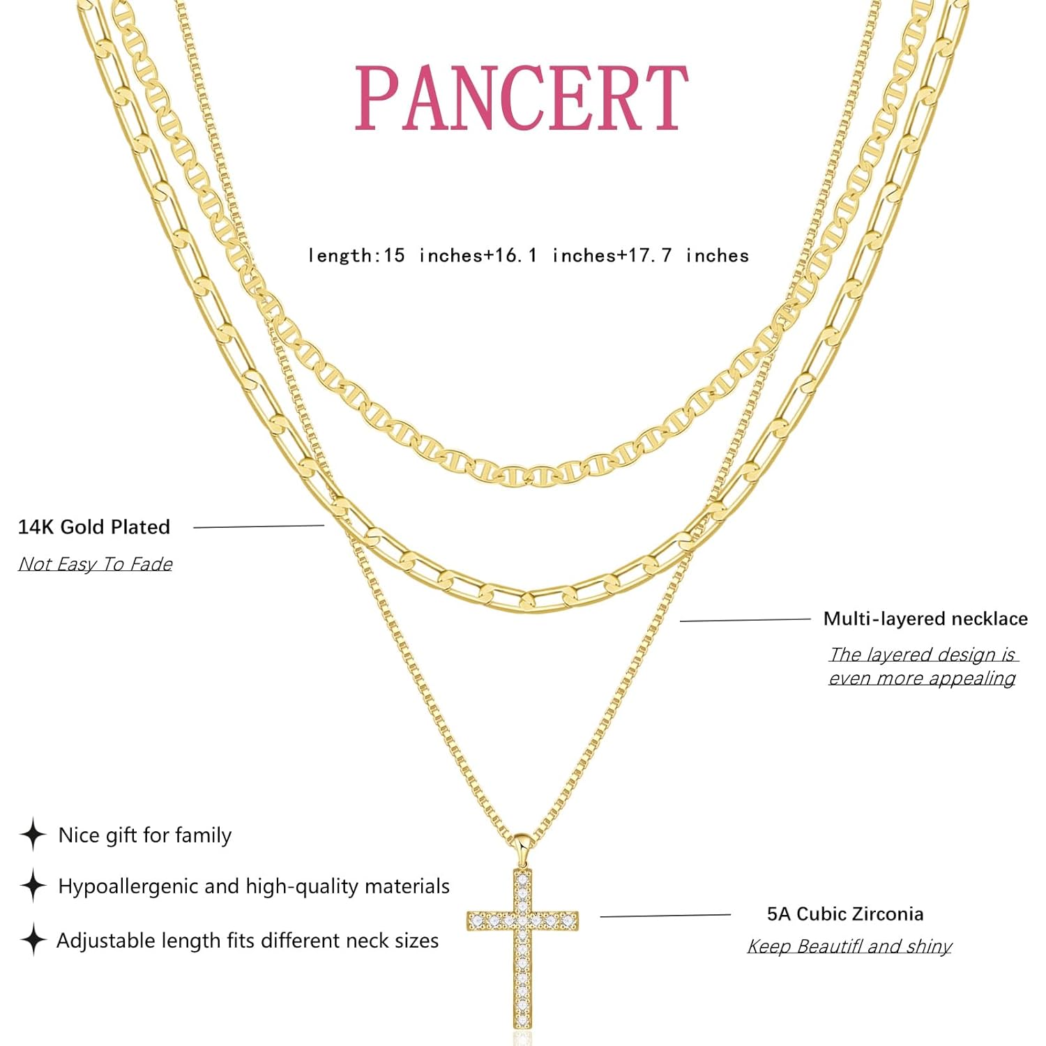 Cross Necklace for Women,Stackable Stacked Stacking Layering Layered Necklaces Dainty Gold Necklace Paperclip Box Flat Mariner Chain Necklace Cross Pendant CZ Diamond Simple Jewelry Gift