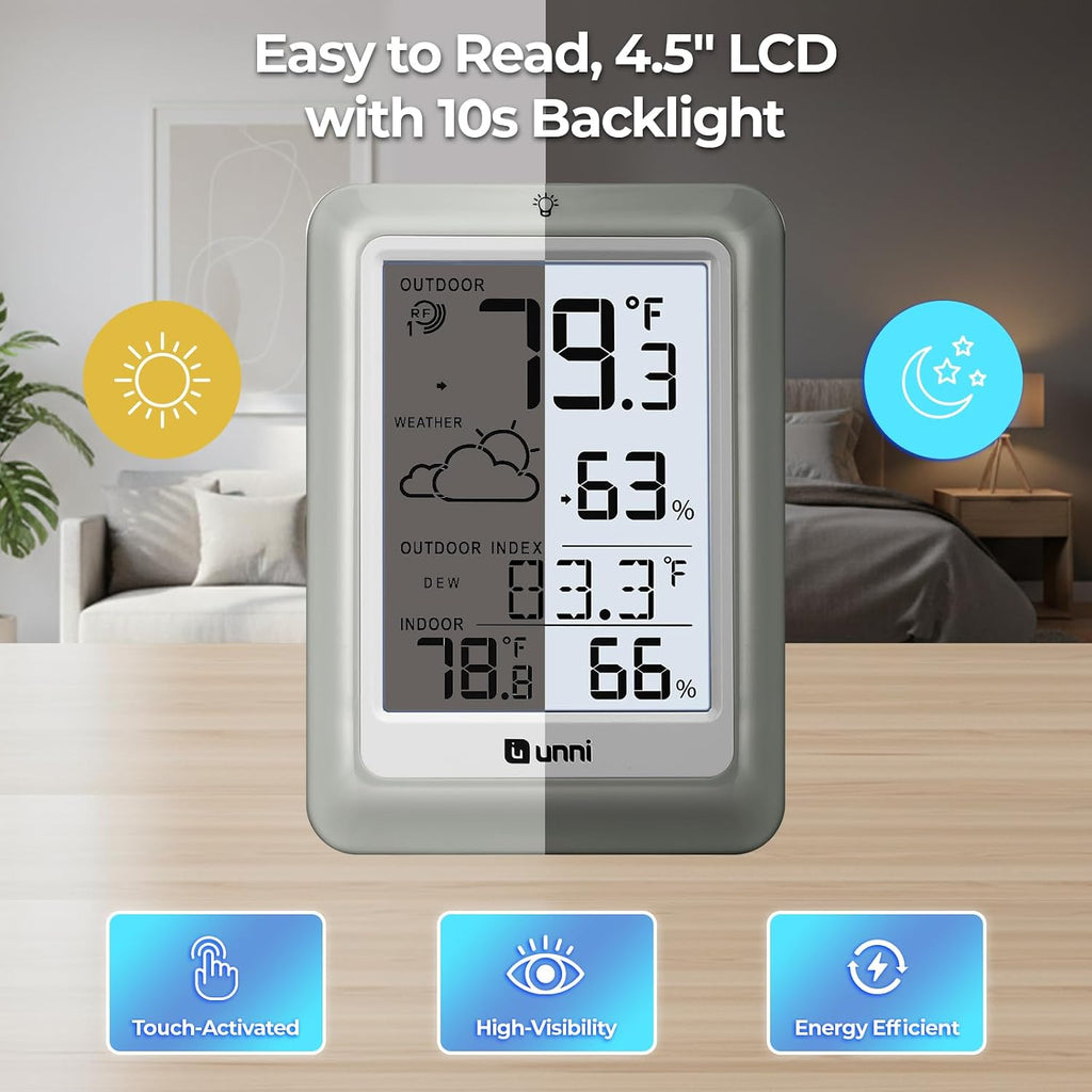 Indoor Outdoor Thermometer Hygrometer Wireless Weather Station, Temperature Humidity Monitor Battery Powered Inside Outside Thermometers With 330Ft Range Remote Sensor And Backlight Display