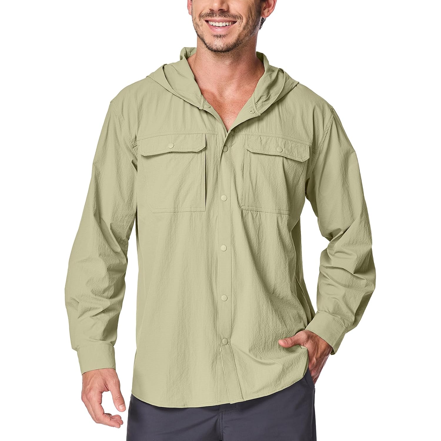 Mens Sun Protection Hiking Fishing Safari Shirts With Hood Long Sleeve Outdoor Quick Dry Shirts Hoodie