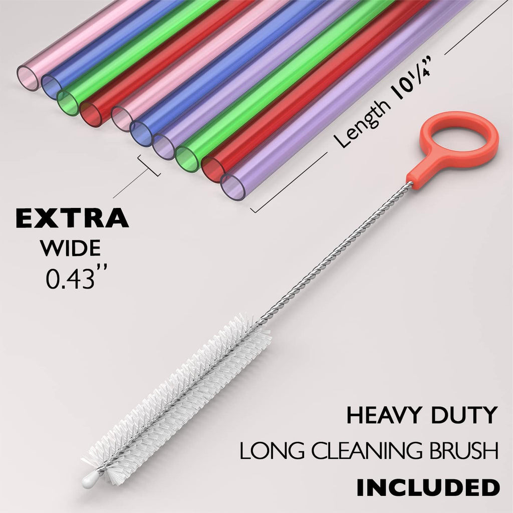 Fiesta First 10 Extra Wide Long Reusable Hard Plastic Drinking Straws + Cleaning Brush - Fat Thick Large Jumbo Straws For Smoothies, Milkshakes, Thick Drinks - Assorted - Dishwasher Safe Bpa Free