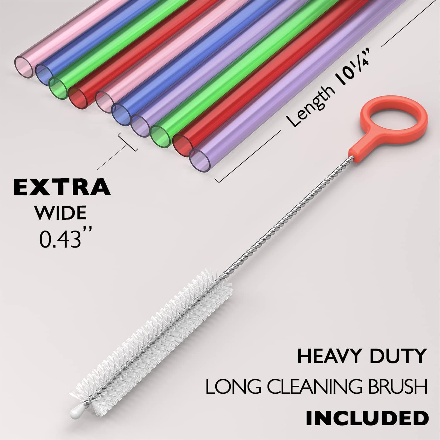 Fiesta First 10 Extra Wide Long Reusable Hard Plastic Drinking Straws + Cleaning Brush - Fat Thick Large Jumbo Straws For Smoothies, Milkshakes, Thick Drinks - Assorted - Dishwasher Safe Bpa Free