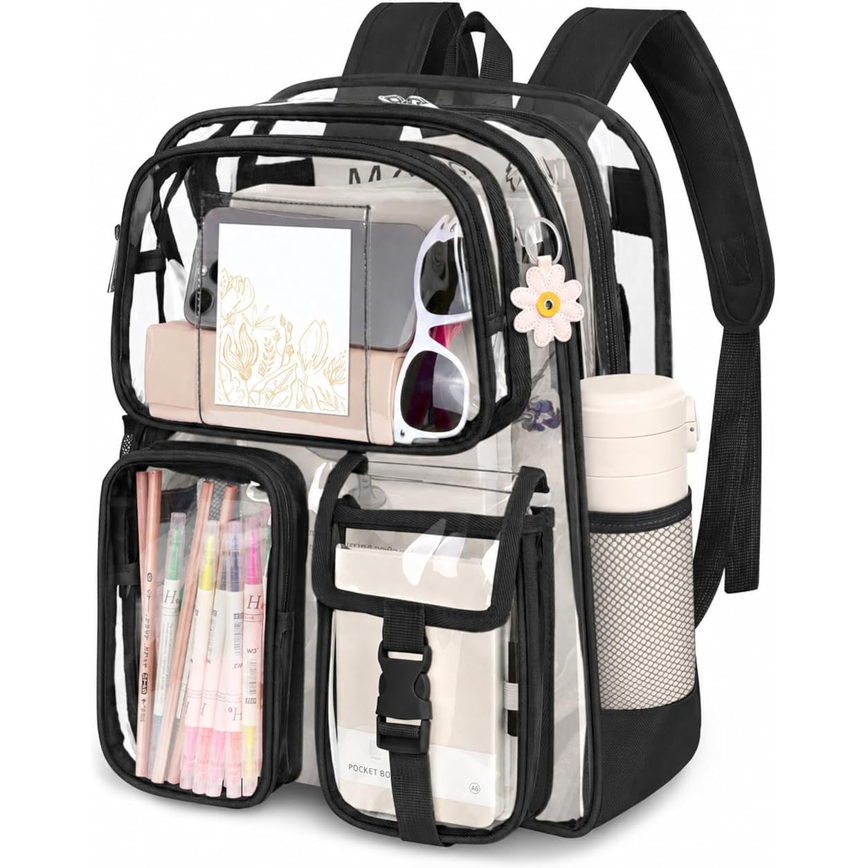 Clear Backpack For School, 17 Inch Heavy Duty Pvc Transparent Bookbag | Reinforced Straps Stitches, Clear Bag For Stadium Events Girls Boys, Large Capacity Backpack For Security College Work Black
