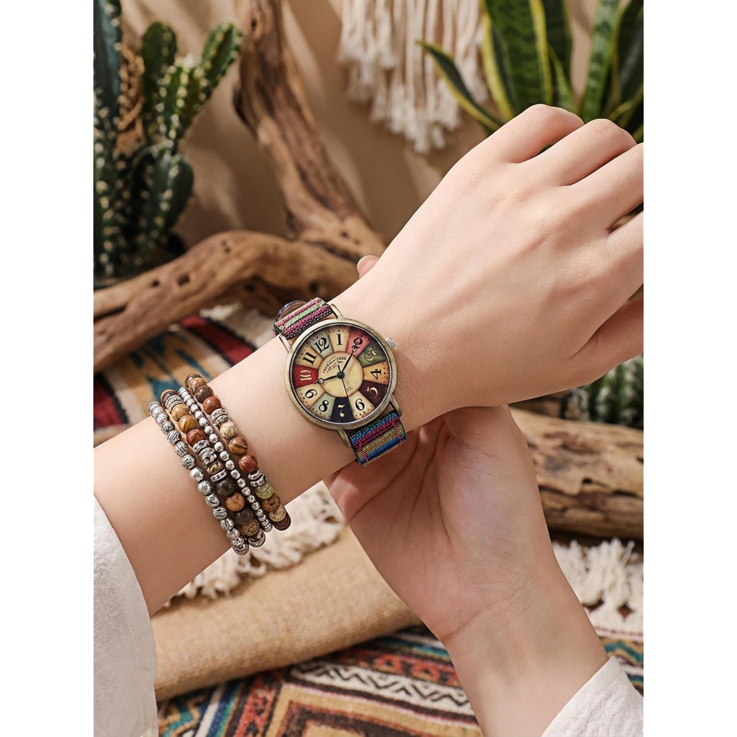 Gosasa Vintage Elegant Boho Hippie Style Quartz Watch for Women, Large Arabic Numerals Dial Creative Dress Colorful Ladies Watch, Fashion Casual Women Wristwatch with Rainbow Woven Strap
