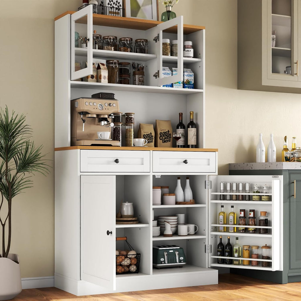 Tall Pantry Cabinet, Modern Kitchen Hutch With Microwave Stand, Kitchen Pantry Storage Cabinet With 2 Darwers & Door Shelf, Food Pantry With Glass Doors & Adjustable Shelves For Dining Room, White