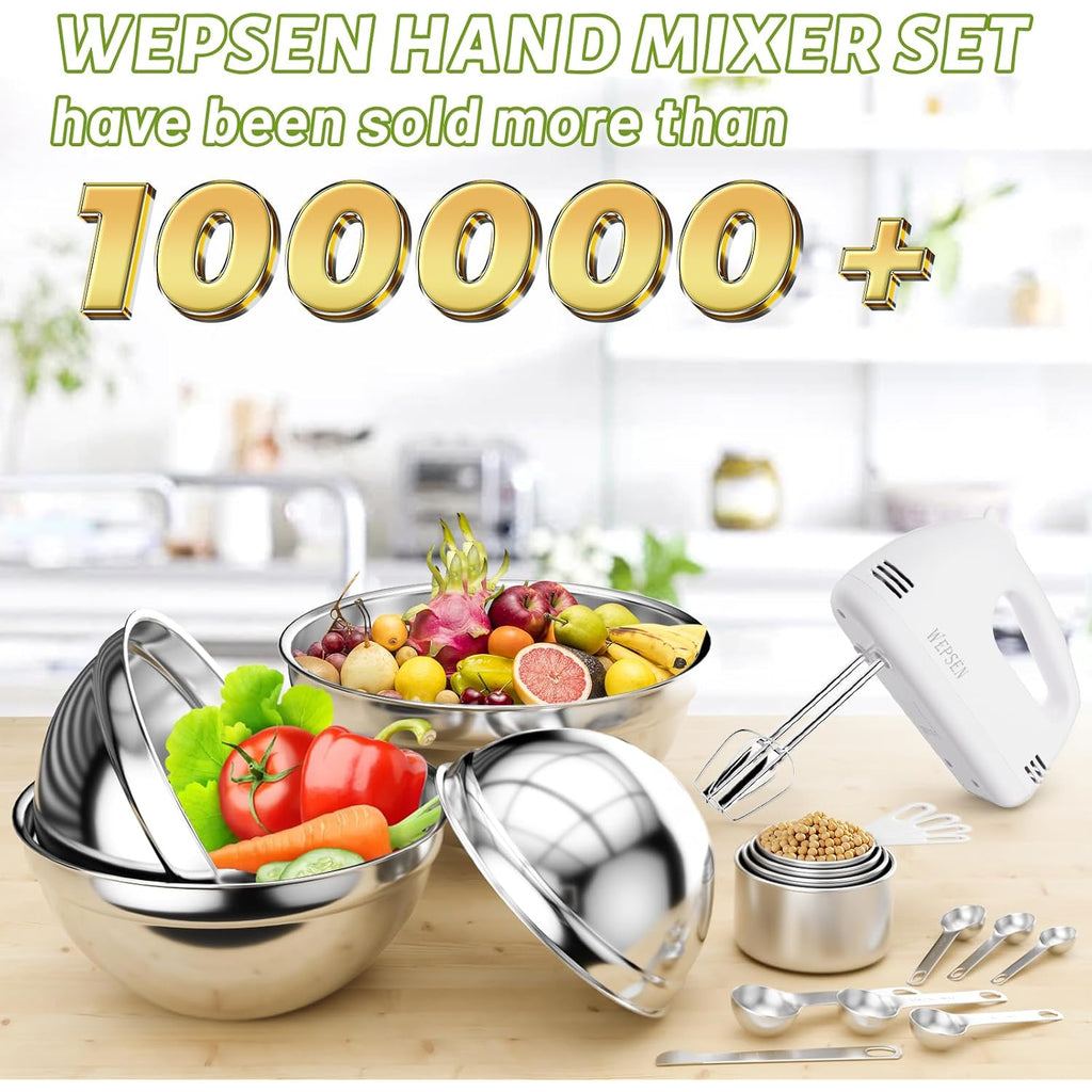 Wepsen Hand Mixer Electric Mixing Bowls Set, 5 Speeds Handheld Mixer With 4 Nesting Stainless Steel Mixing Bowl, Measuring Cups Spoons 200W Kitchen Blender Whisk Beater Baking Supplies For Beginner