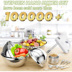 Wepsen Hand Mixer Electric Mixing Bowls Set, 5 Speeds Handheld Mixer With 4 Nesting Stainless Steel Mixing Bowl, Measuring Cups Spoons 200W Kitchen Blender Whisk Beater Baking Supplies For Beginner