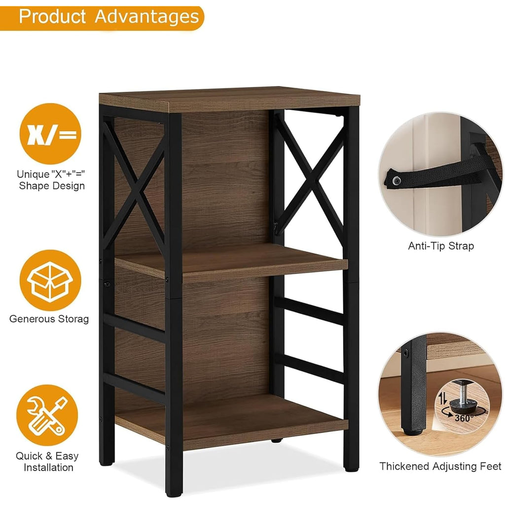 Small Bookshelf, 3 Tier Industrial Shelf With Metal Frame And Backboard, Low Rustic Brown Book Shelf, Small Bookcase For Small Spaces,Bookshelf For Living Room, Bedroom & Home Office