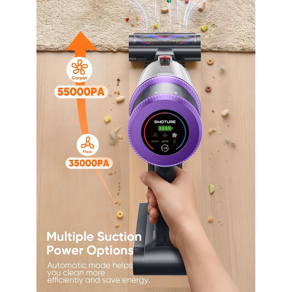 Smoture Cordless Vacuum Cleaner, Upgraded 650W 55Kpa 70Mins Vacuum Cleaner For Home, Pet Brush&3.3Ft Hose, Self-Stand, Auto Mode,Touchscreen, Anti-Tangle Vacuum, Stick Vacuum For Pet Hair/Carpet/Floor