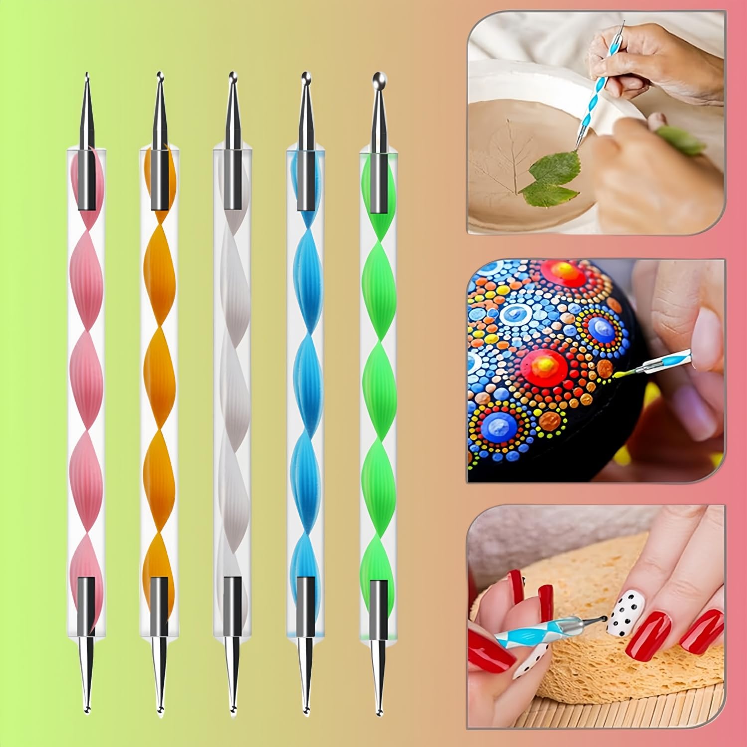 5Pcs Dual-Tipped Silicone Nail Art Pens, 5Pcs 2-Way Dotting Tools for Resin, Foil, Carving, Drawing & Shaping - Professional Nail Design Kit for Home & Salon