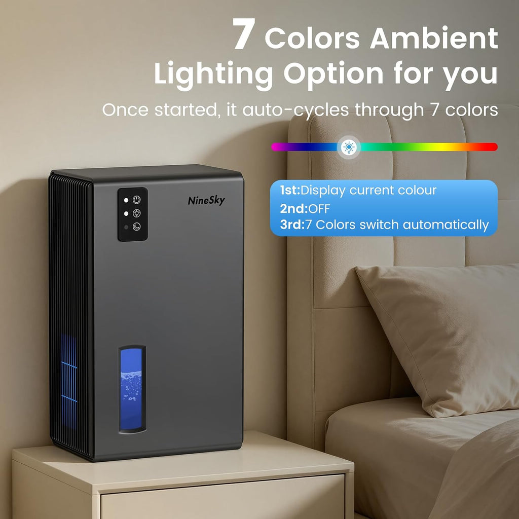 Dehumidifiers For Home, 1000 Sq.Ft Dehumidifier With 95Oz Water Tank, Quiet Dehumidifier For Basement Bathroom Bedroom With 7-Color Ambient Light & Auto Shut Off, (Grey)