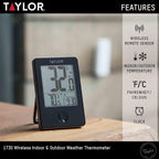 Taylor Wireless Digital Indoor Outdoor Thermometer, Easy To Read Numbers For Patio, Pool, And Indoor Areas, Lcd, Black