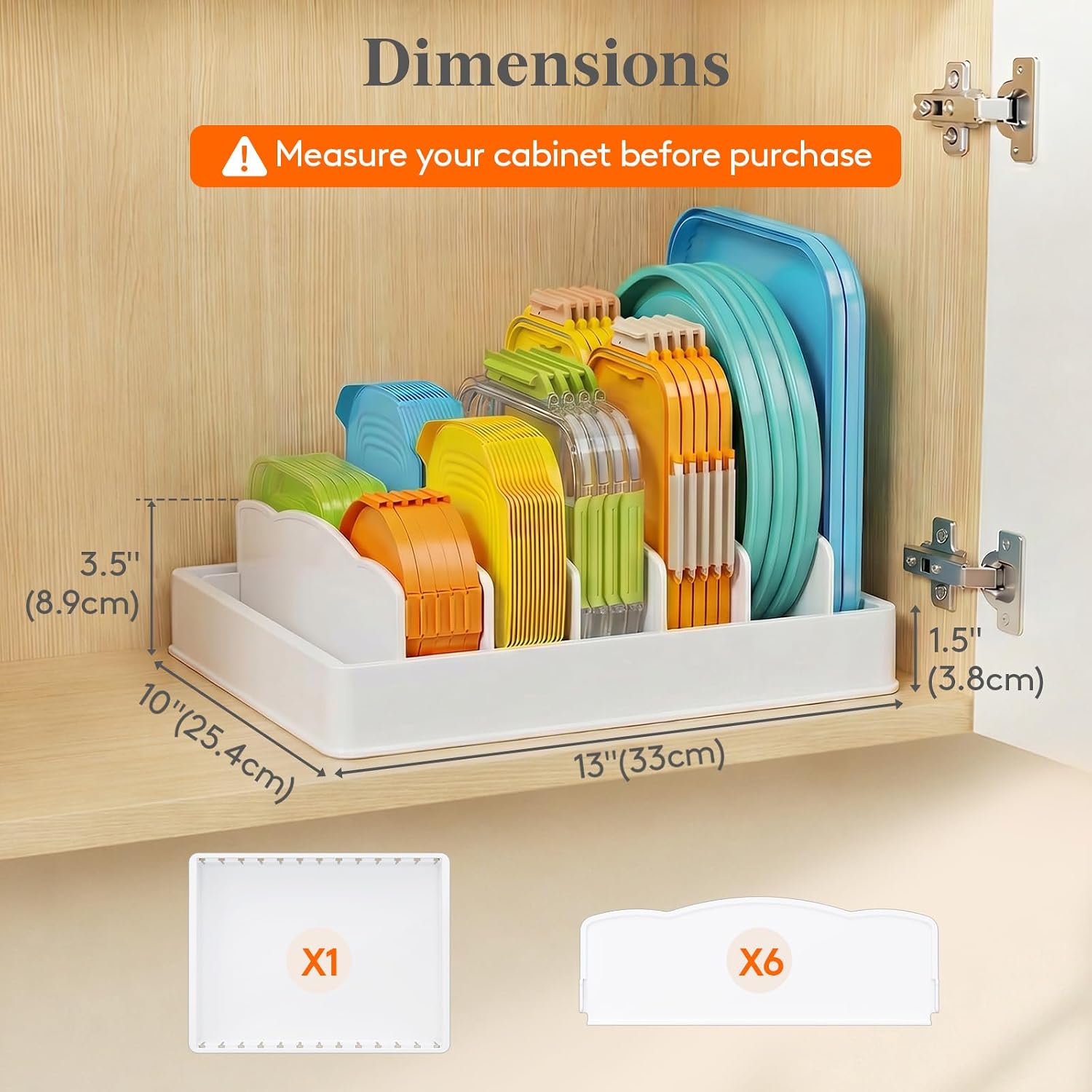 Lifewit Kitchen Cabinet Organizer For Food Contanier Lid, Lid Holder With 6 Adjustable Dividers & 7 Sections For Pantry Organizers And Storage, Home Drawer Organization, Large, 13" X 10"