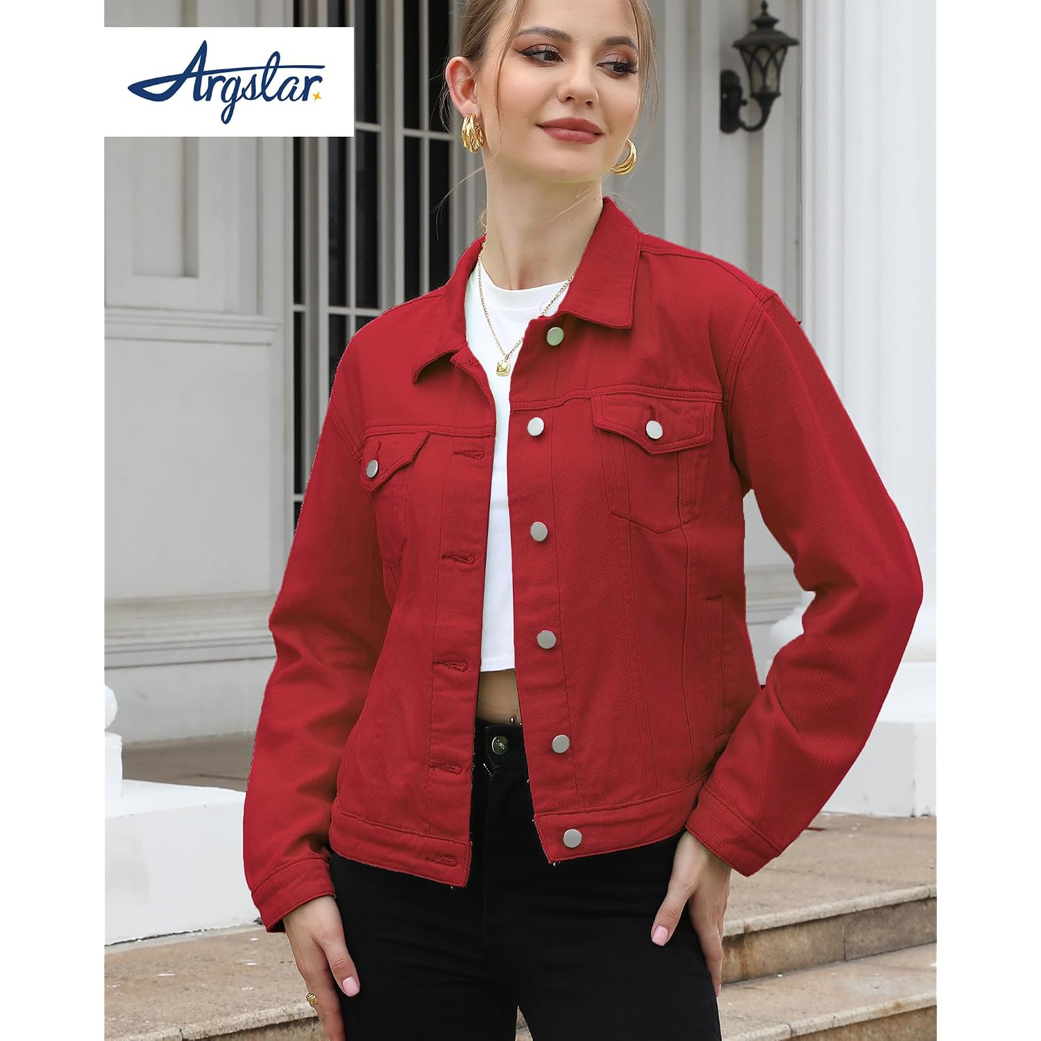 Women Denim Jacket Button Up Long Sleeve With Inner Pockets