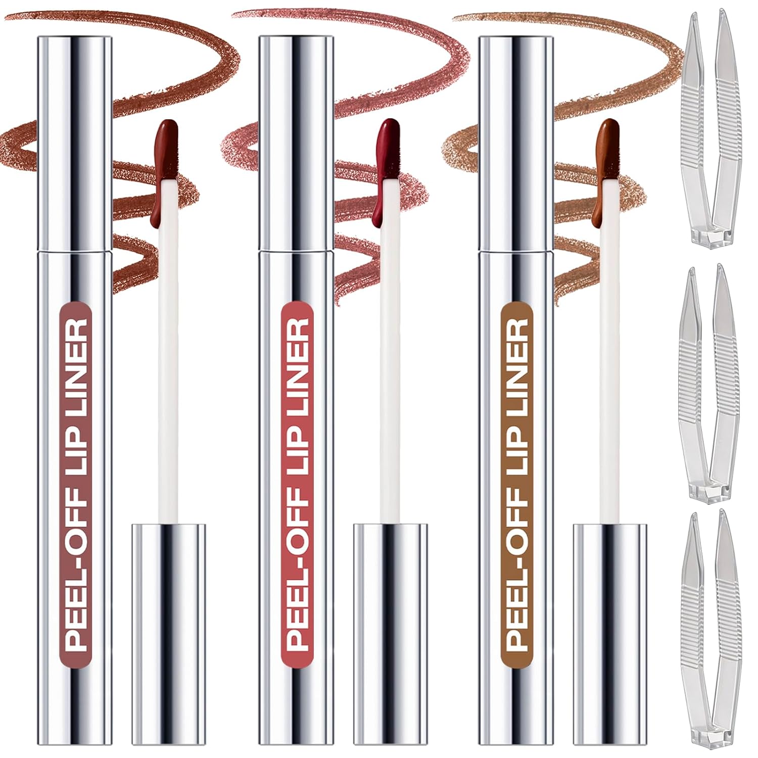 3 Colors Peel Off Lip Liner Stain with Tweezer Kit, Long Lasting Waterproof Lip Tint Stains Makeup Set with Matte Finish for Women, Natural Look, Easy to Use, for All Skin Types (#2,3,4)