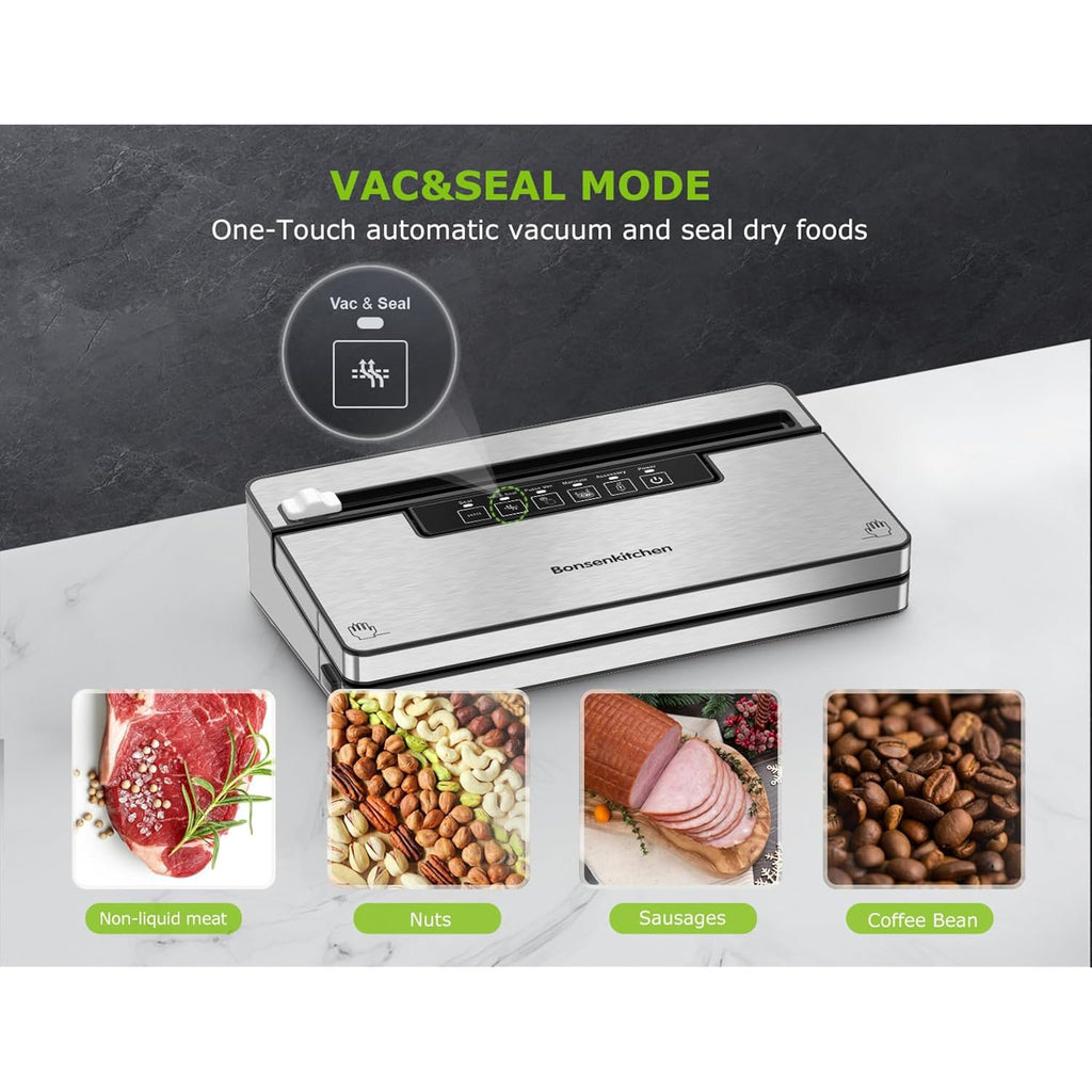 Bonsenkitchen Vacuum Sealer Machine, Stainless Steel Food Sealer Vacuum Sealers With 1 Roll & 5 Bags, 5 Food Vacuum Modes, Built-In Cutter & Bag Storage (Silver Black)