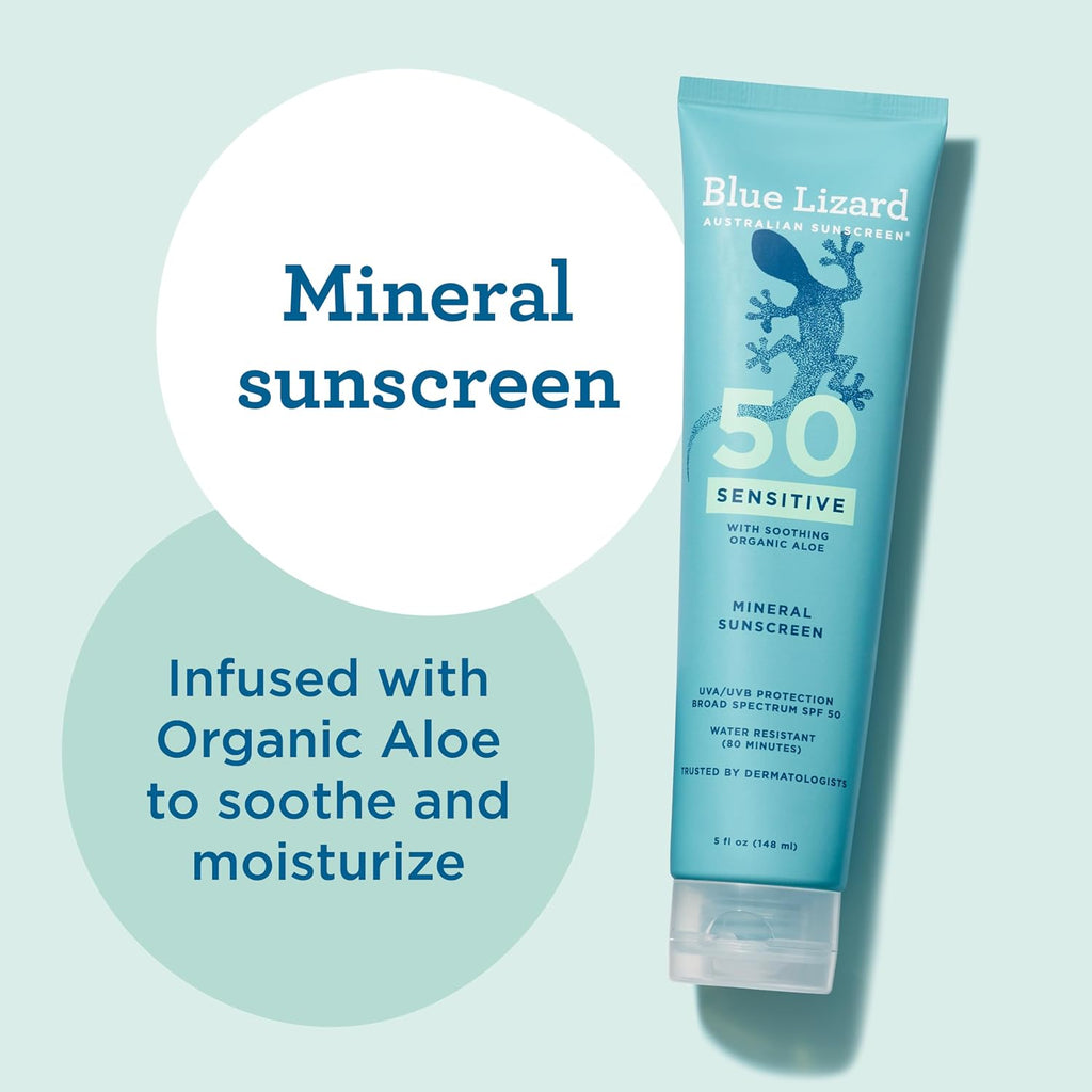 Blue Lizard Sensitive Mineral Spf 50 Sunscreen Lotion, 100% Mineral Sunscreen, Uva/Uvb Protection, Infused With Organic Aloe Vera, Soothes And Hydrates, 5 Fl Oz