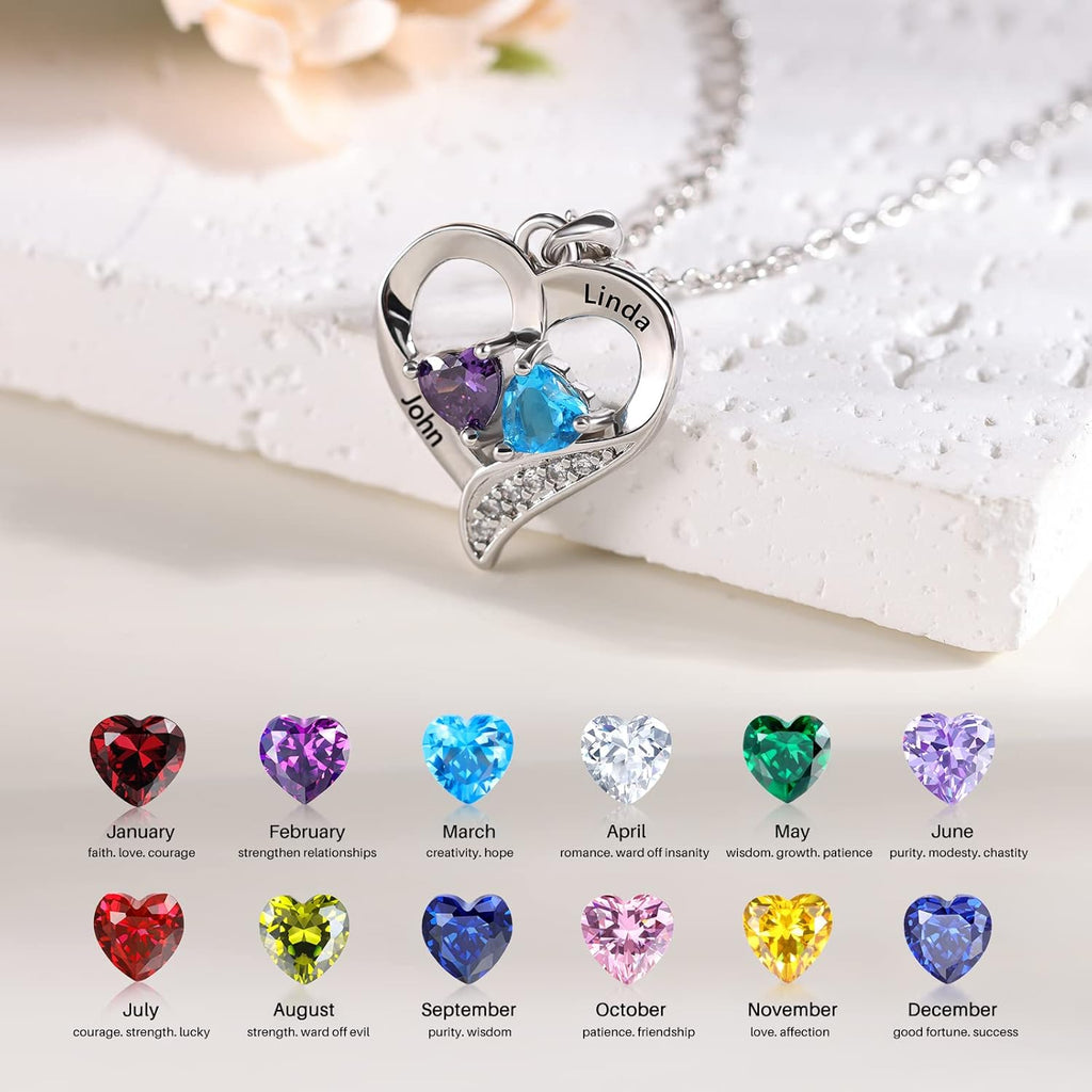 Lam Hub Fong Personalized Birthstone Necklace for Mom - Custom Name Necklace with Heart Pendant - Sterling Silver Family Jewelry Gifts for Women, Grandma, Daughter - Mothers Day Birthday Gifts