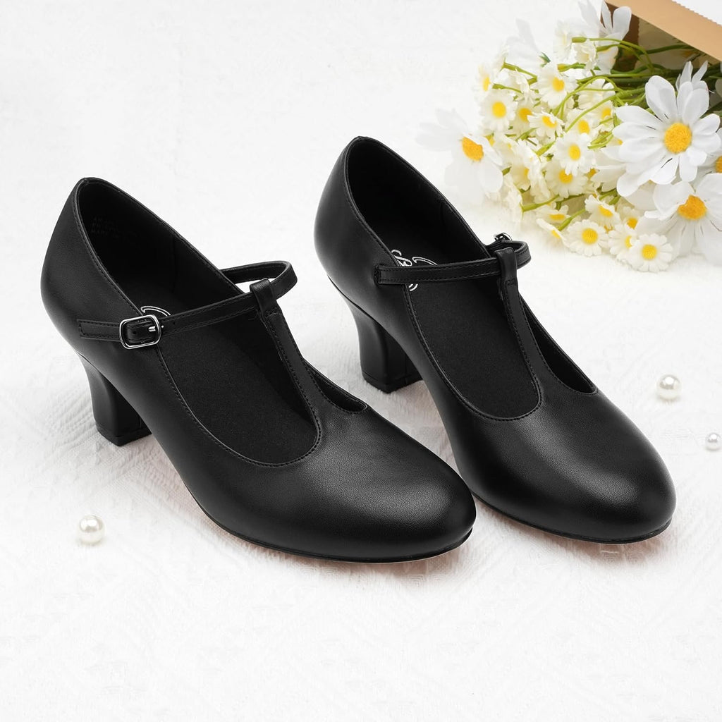 Stelle 2.5" T-Strap Character Shoes For Women | 2.5-Inch Heel, T-Strap, Cushioned Insole, Rubber Outsole, Adjustable Buckle, Stable Fit