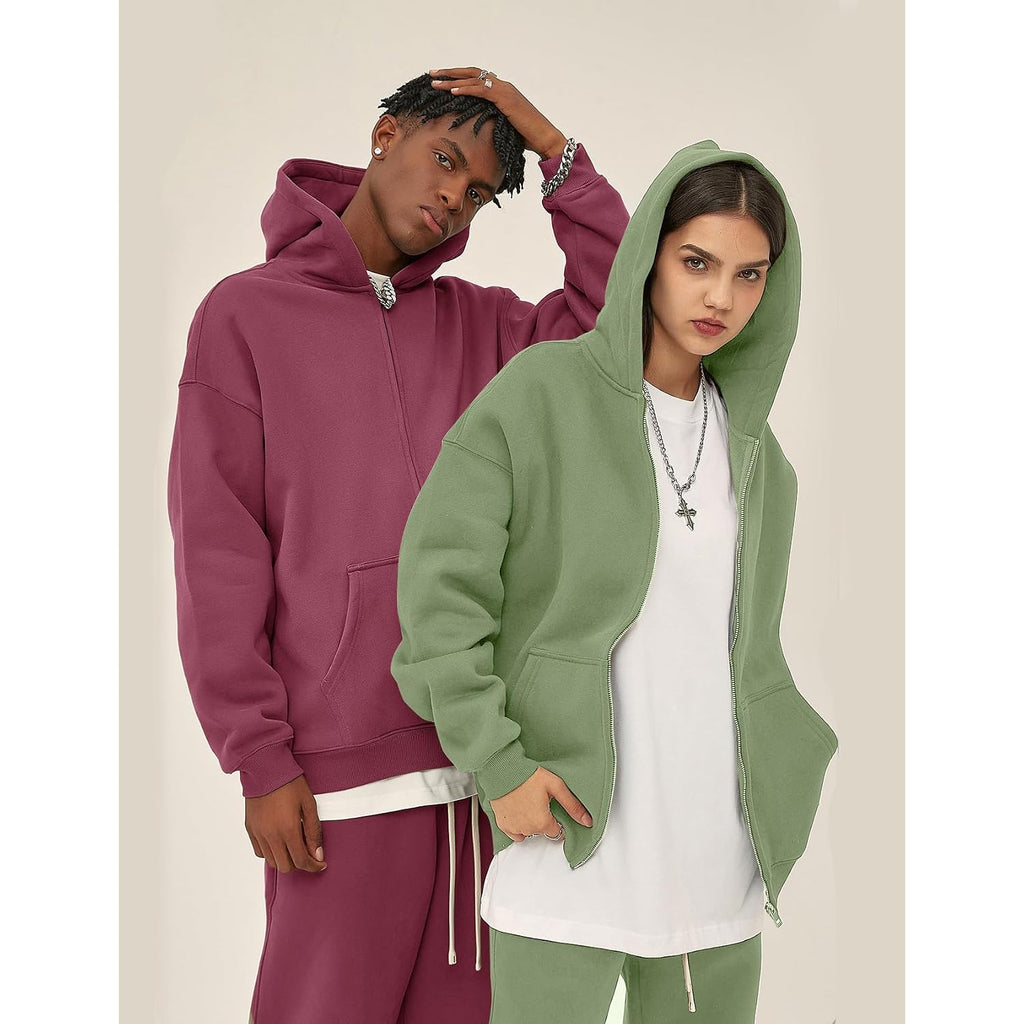 Flygo Mens Zip Up Hoodies Oversized Fleece Long Sleeve Drop Shoulder Hooded Sweatshirt Trendy Vintage Streetwear