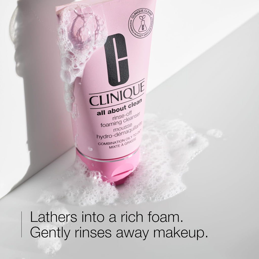 Clinique All About Clean Rinse-Off Foaming Face Wash | Face Cleanser With Hyaluronic Acid + Glycerin For Oily Skin Types | Dissolves Makeup + Sunscreen