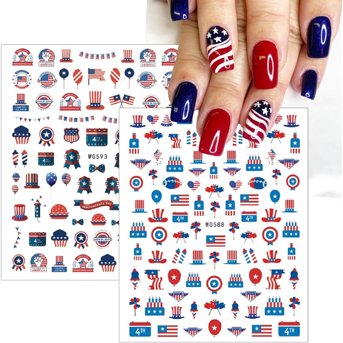 10Pcs 4th of July Nail Stickers Patriotic Nail Decals Independence Day Nail Art Stickers American Flag Stars Eagle Fireworks Heart Nail Design Supplies Memorial Day DIY Nail Decoration for Women Girls