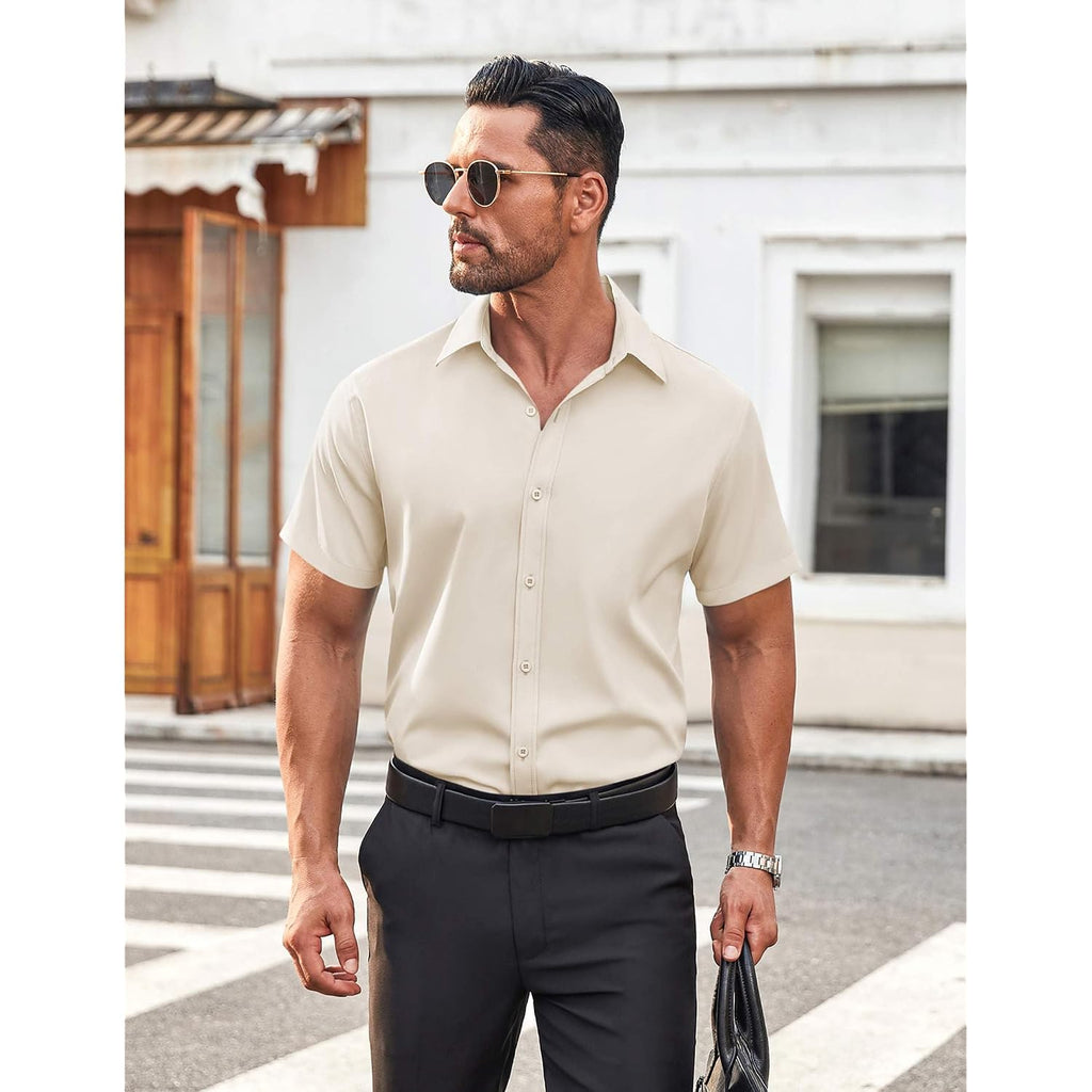 Coofandy Men'S Button Down Shirt Short Sleeve Dress Shirt Casual Beach Summer Wedding Shirt
