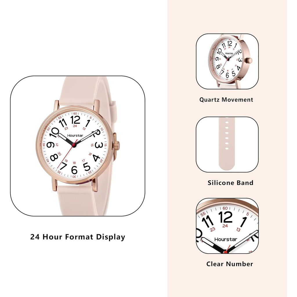 Women's Analog Nurse Watch with Second Hand for Nursing, 12/24 Time, Silicone Band, Easy Read