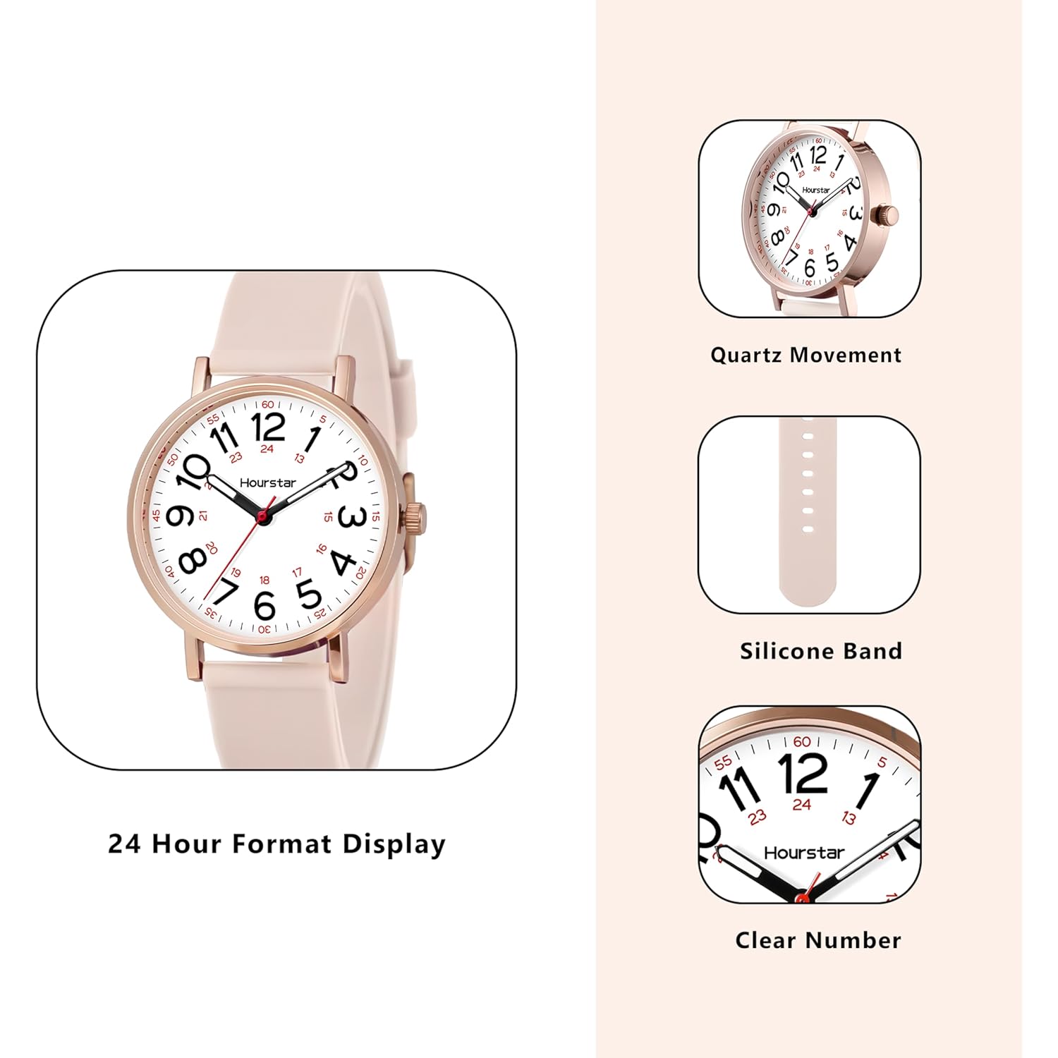 Women's Analog Nurse Watch with Second Hand for Nursing, 12/24 Time, Silicone Band, Easy Read