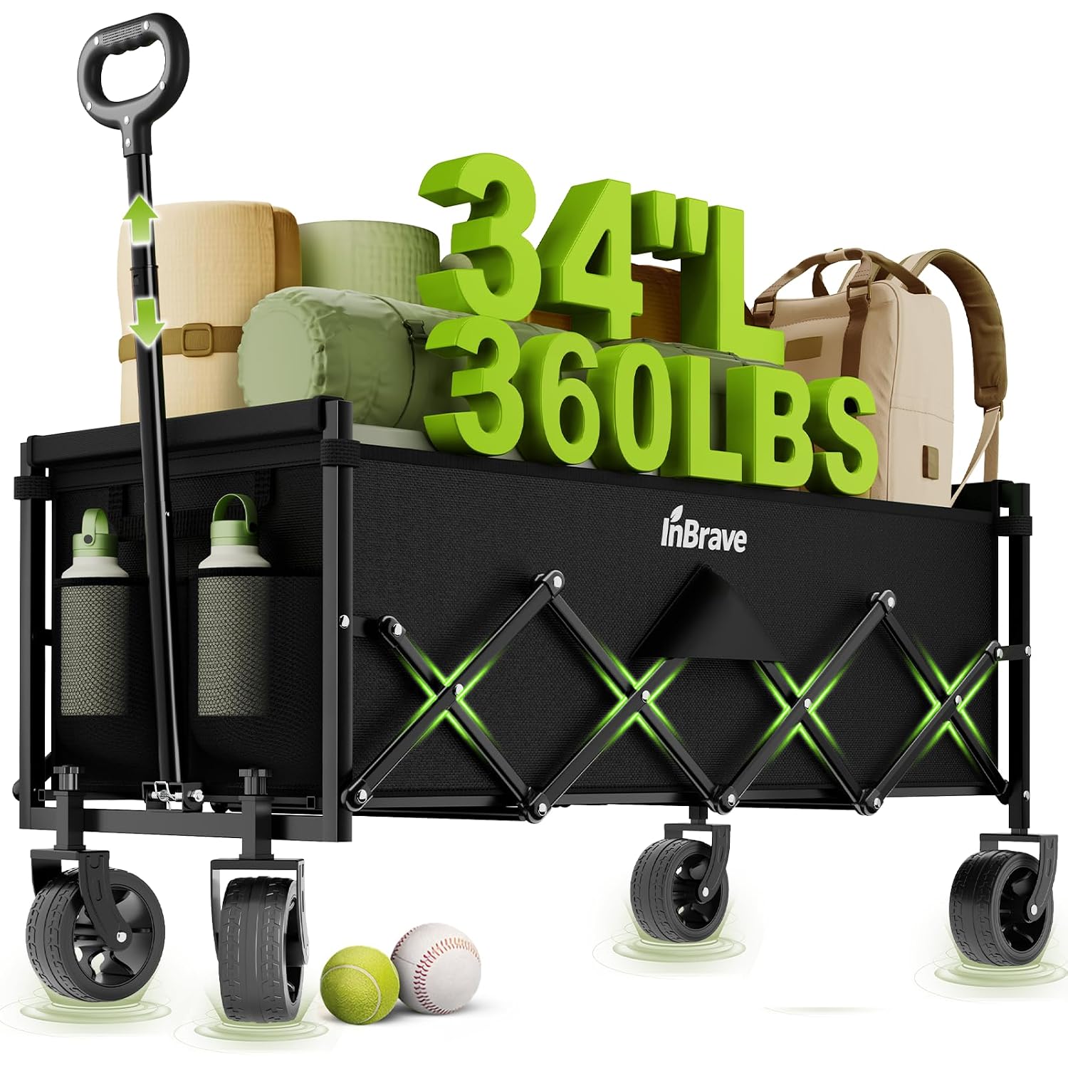 Extra Long Collapsible Wagon Cart, 360Lbs Heavy Duty Utility Wagons With All-Terrain Wheels, Foldable Grocery Carts For Gardening, Shopping, Beach, Camping, Black