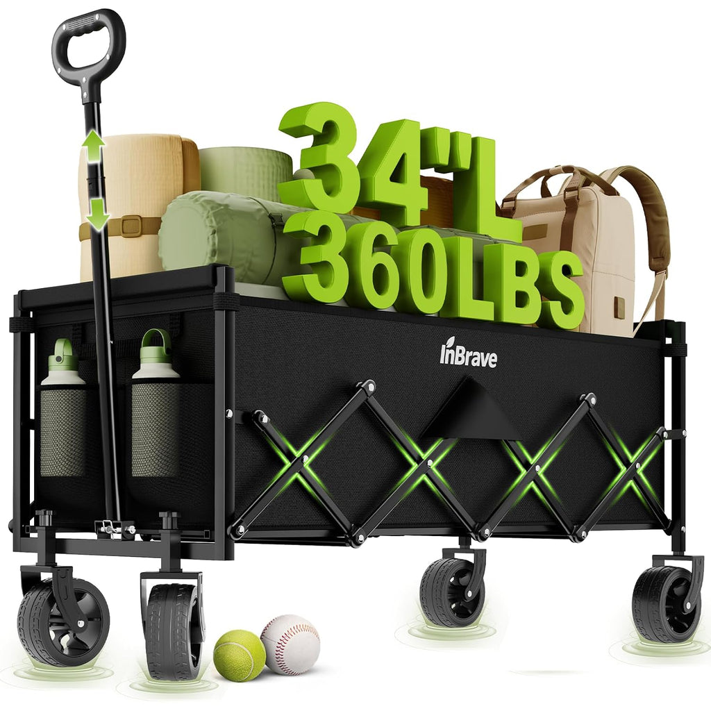 Extra Long Collapsible Wagon Cart, 360Lbs Heavy Duty Utility Wagons With All-Terrain Wheels, Foldable Grocery Carts For Gardening, Shopping, Beach, Camping, Black