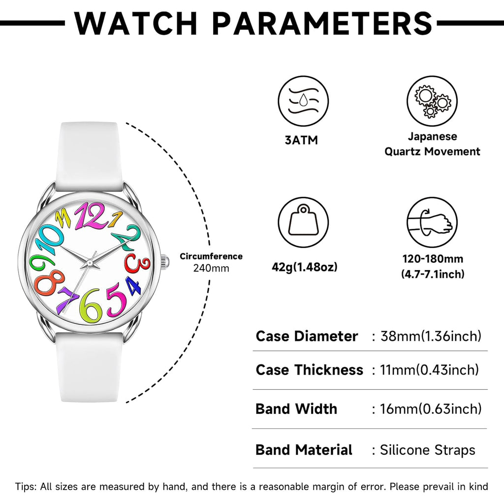 Bisley Watch for Women Big Face Colorful Arabic Numeral Easy to Read Soft Silicone Strap Watch