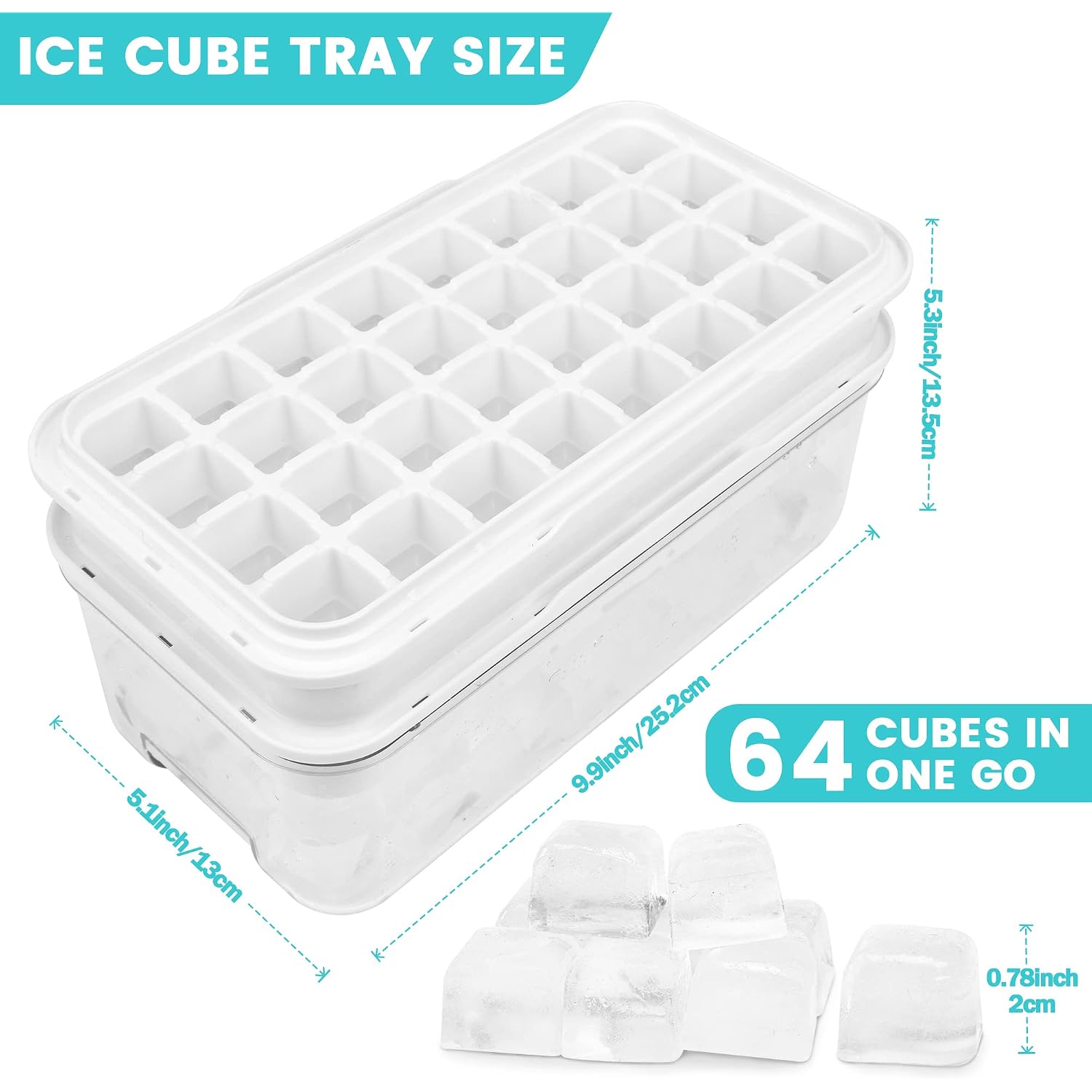 Ice Trays For Freezer With Lid & Bin, Ice Cube Tray Making 64 Pcs Ice Cubes, Easy Press To Release Ice, Ice Tray With Storage Bin Chilling Cocktail Whiskey Coffee 2 Trays 1 Ice Bucket & Scoop (Black)