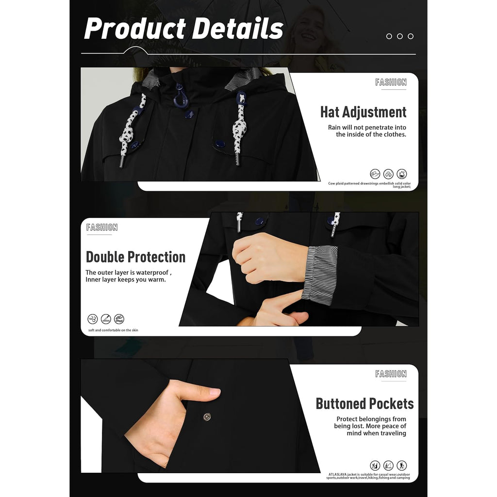 Rain Jacket Women Waterproof Long Lightweight Raincoat Hooded Windbreaker Outdoor Trench Coat S-3Xl